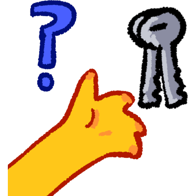 A yellow hand reaching out to two grey keys. Above the yellow hand is a purple-blue question mark.